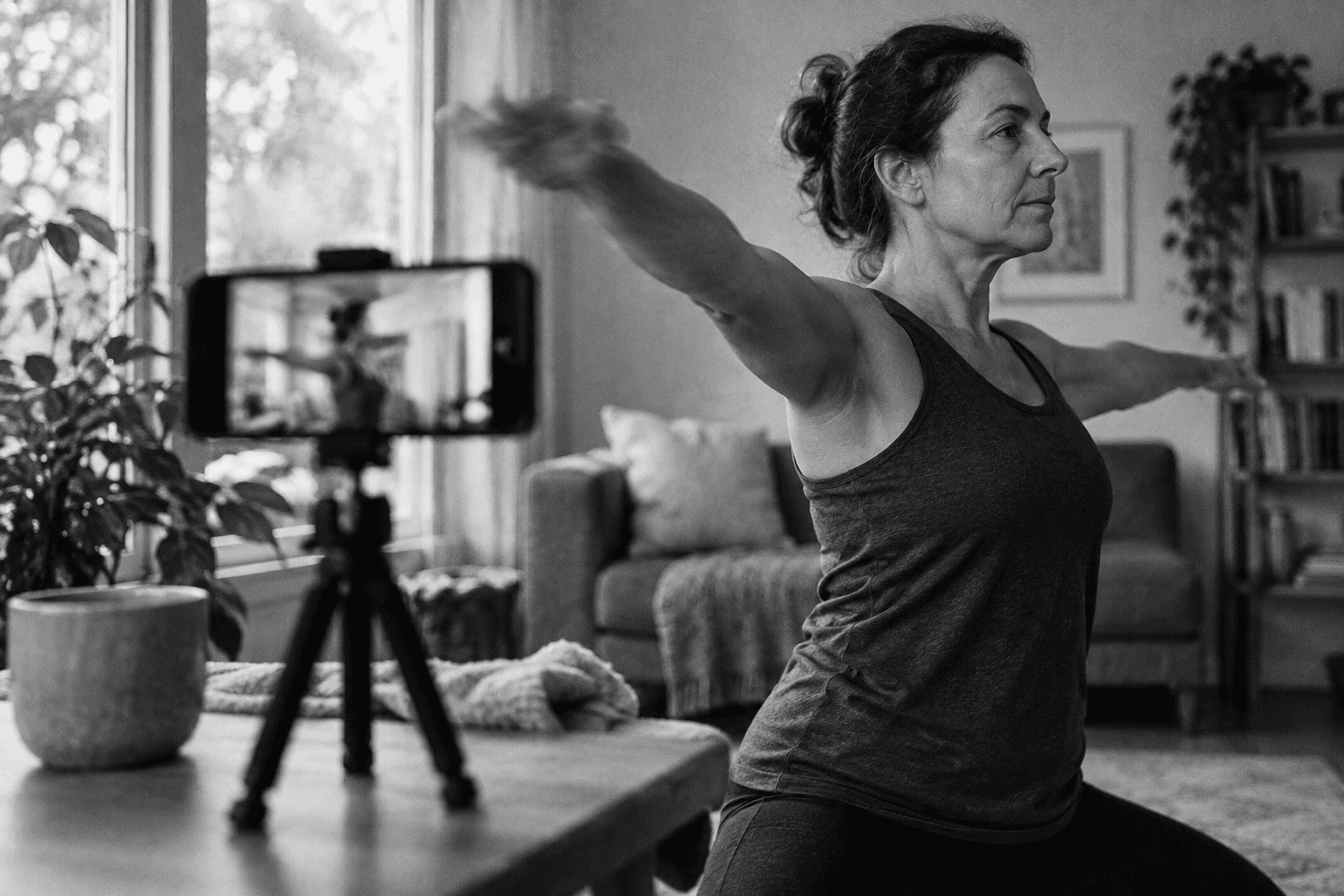 A phone on a tripod recording a participant raising their arms at home