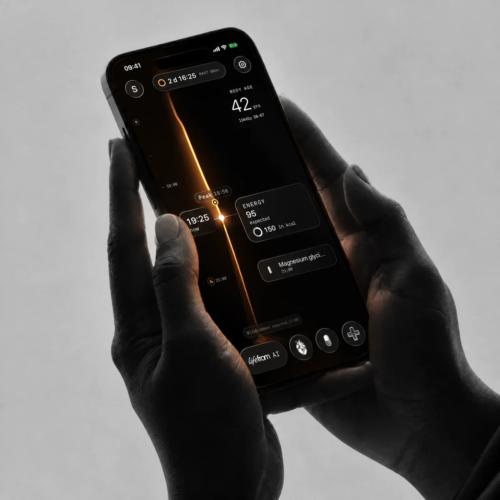 The LifeFrom consumer health app shown on a phone held in two hands