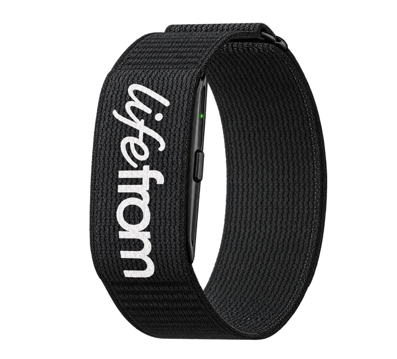 LifeFrom band with a black woven strap, screenless sensor module and voice-recording button